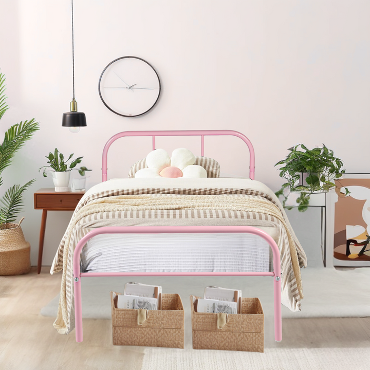 Furniture R Cadre de Lit Simple en Métal, avec Tête et Pied de lit, Base en Fer Solide pour Enfants ou Adolescents, Maison, Dortoir D'étudiants, Chambre d'enfants, Rose