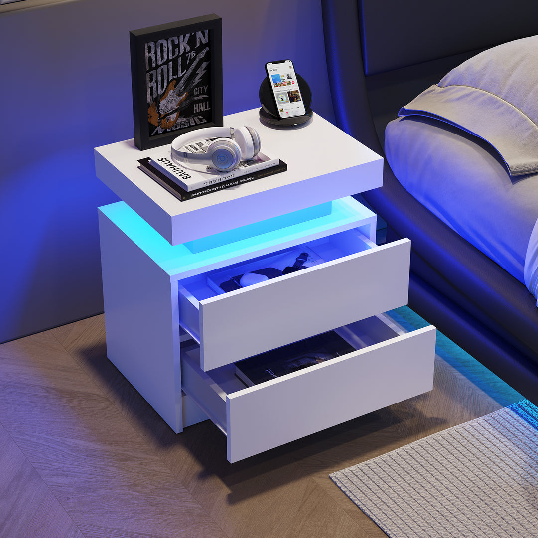 FurnitureR Table de chevet blanche LED, design moderne, en bois manufacturé, rangement élégant, éclairage d'ambiance intégrée, idéale pour chambres modernes