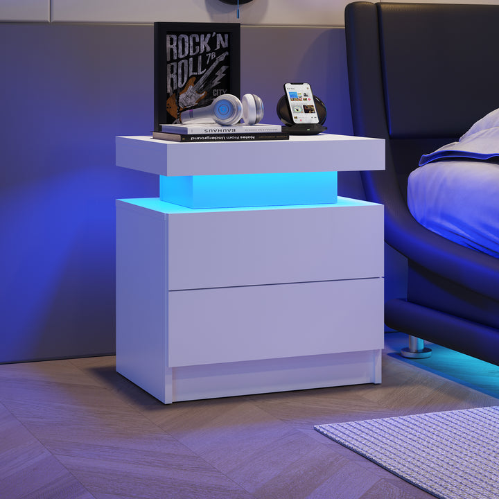 FurnitureR Table de chevet blanche LED, design moderne, en bois manufacturé, rangement élégant, éclairage d'ambiance intégrée, idéale pour chambres modernes