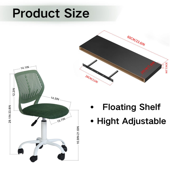 Ensemble bureau pliant 3 pièces FurnitureR avec chaise pivotante réglable et 2 étagères murales flottantes, combinaison bureau/espace de travail gain de place, design moderne