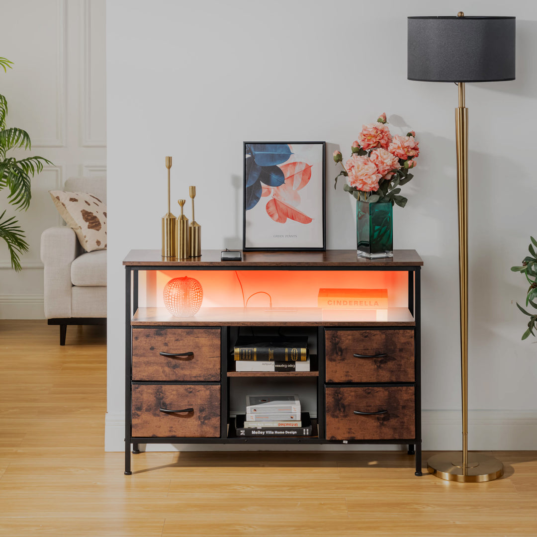 Console Tables with USB and Charging Station, 43.31 Inch Entryway Table with 4 Fabric Drawers, Sofa Table Narrow with Storage Shelves Brown