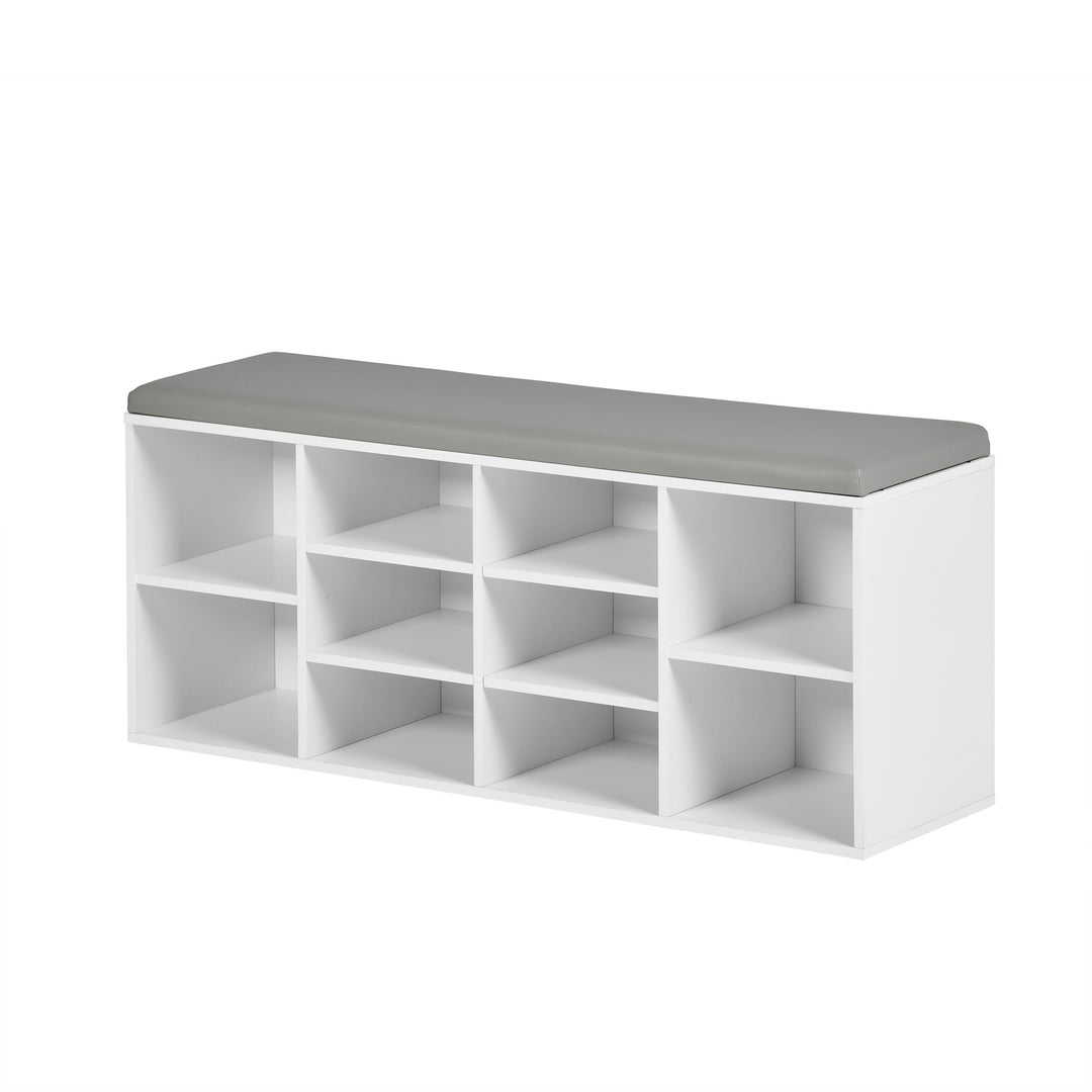Furniture R Bench Cupboard Seat, Wooden Cabinet, Storage Shoe Rack with Padded Cushion, 10 Compartments, for Living Room, Hallway, Bedroom, Entrance, 103x29x45cm, White, Wood