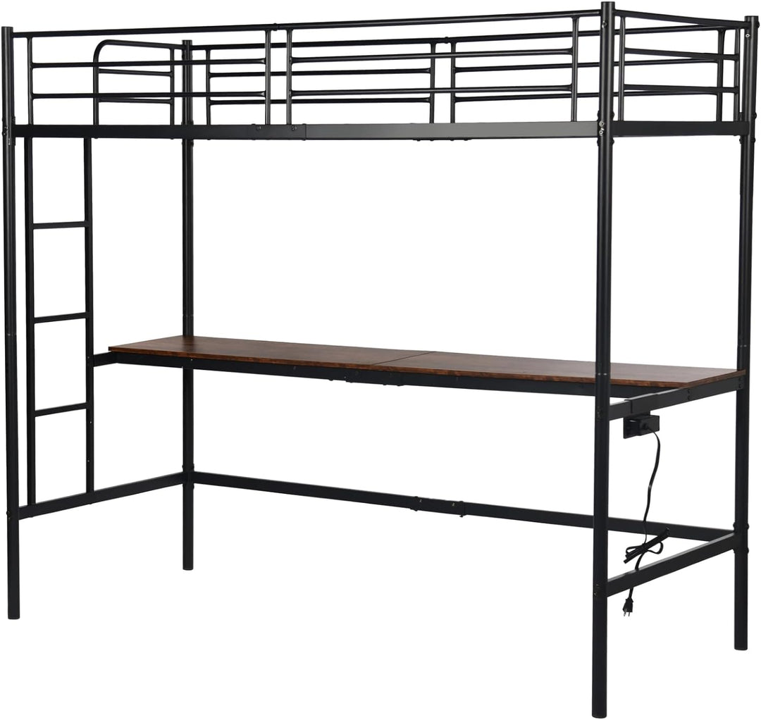 Furniture R Lit Superposé 90x200 cm avec Table et 2 Prises de Courant+2USB, Lit en Mezzanine avec Echelle Latérale à Quatre Marches, Adapté aux Enfants et aux Adolescents, Fer + MDF, Brun Foncé