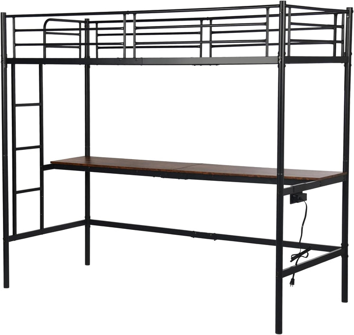 Furniture R Lit Superposé 90x200 cm avec Table et 2 Prises de Courant+2USB, Lit en Mezzanine avec Echelle Latérale à Quatre Marches, Adapté aux Enfants et aux Adolescents, Fer + MDF, Brun Foncé