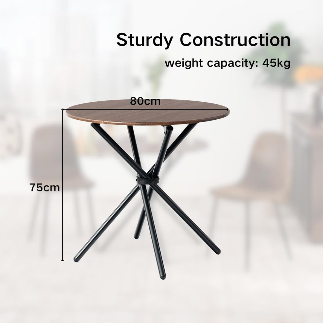 Furniture R Table de Salle à Manger Ronde en Noyer - 80cm, Table à thé de Balcon, Plateau en Bois Rétro avec Quatre Pieds en Métal Noir, Design Compact, Polyvalent, pour 2-4 Personnes Cuisine, Café