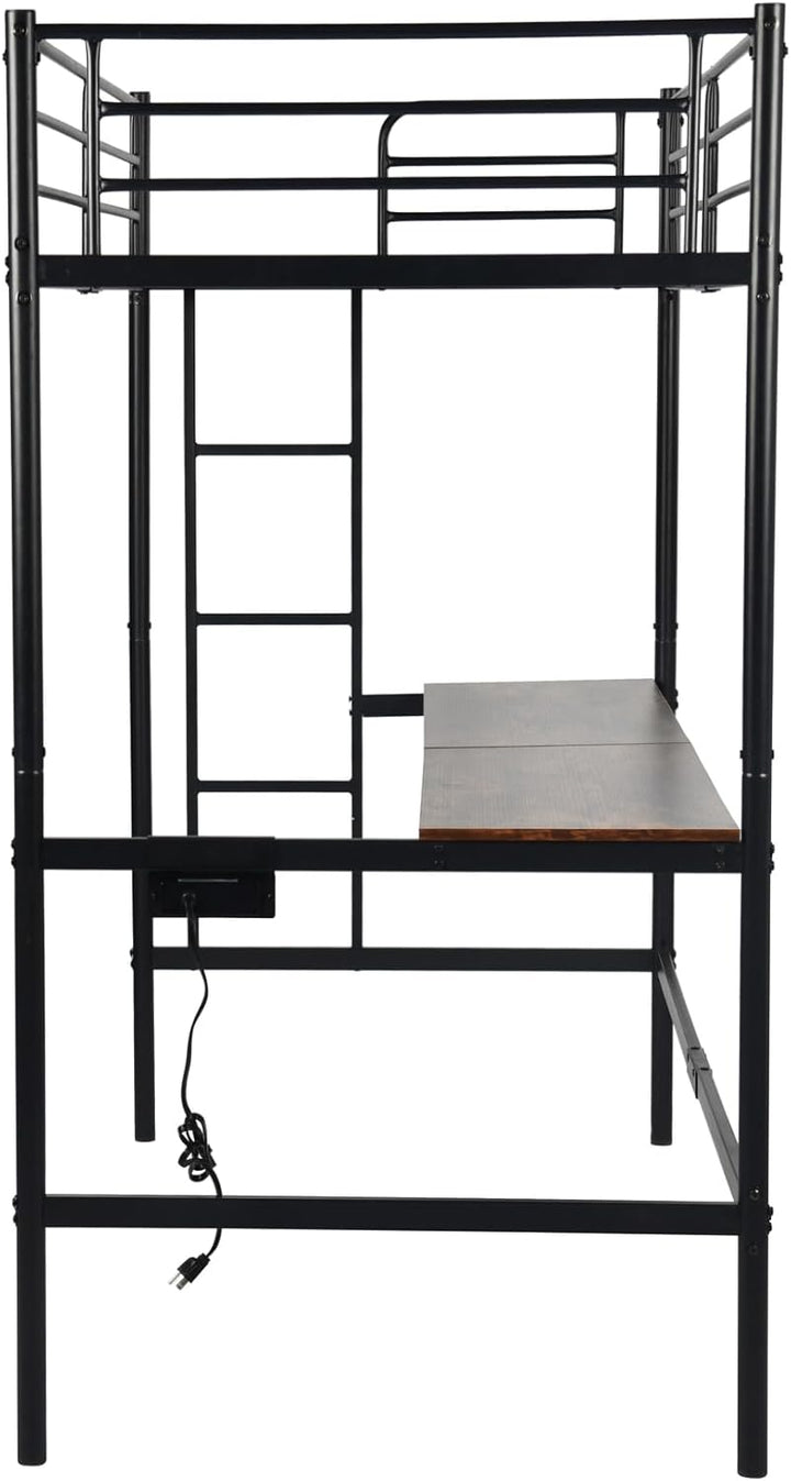 Furniture R Lit Superposé 90x200 cm avec Table et 2 Prises de Courant+2USB, Lit en Mezzanine avec Echelle Latérale à Quatre Marches, Adapté aux Enfants et aux Adolescents, Fer + MDF, Brun Foncé