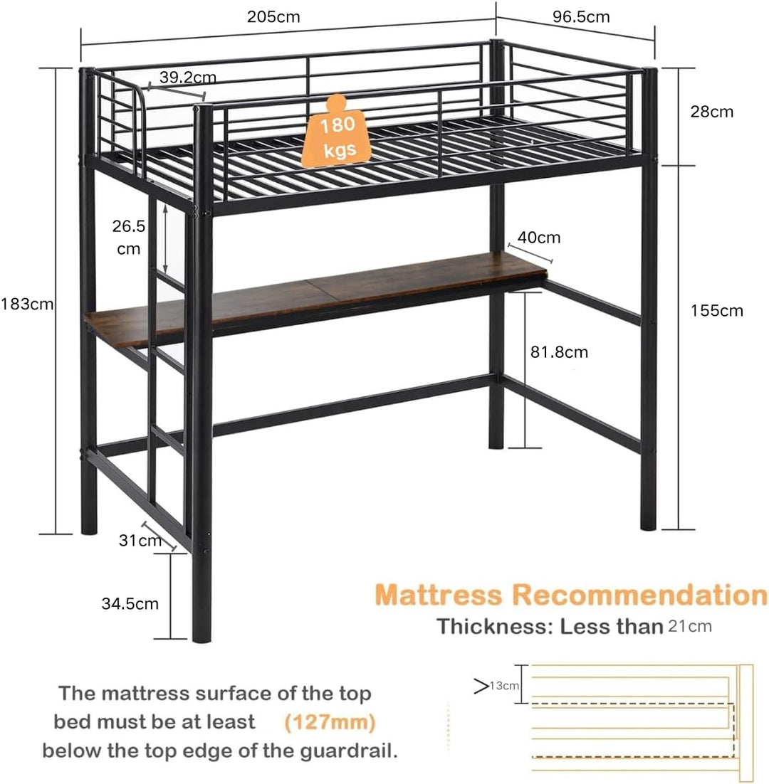 Furniture R Lit Superposé 90x200 cm avec Table et 2 Prises de Courant+2USB, Lit en Mezzanine avec Echelle Latérale à Quatre Marches, Adapté aux Enfants et aux Adolescents, Fer + MDF, Brun Foncé