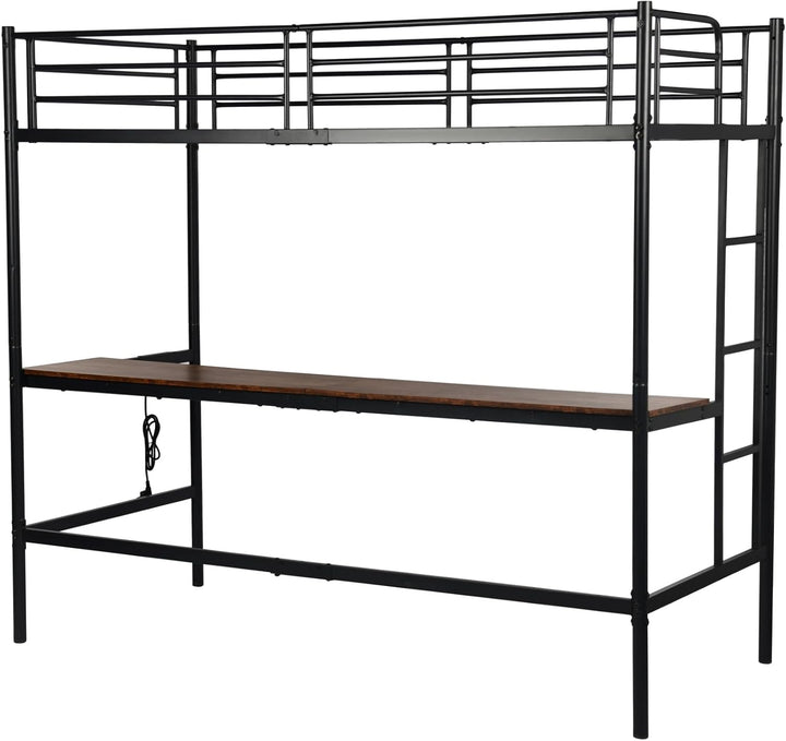 Furniture R Lit Superposé 90x200 cm avec Table et 2 Prises de Courant+2USB, Lit en Mezzanine avec Echelle Latérale à Quatre Marches, Adapté aux Enfants et aux Adolescents, Fer + MDF, Brun Foncé