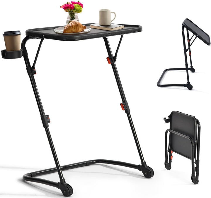 FurnitureR Adjustable Folding TV Tray Table with 4 Height & 3 Tilt Angle, Foldable Laptop Table Dinner Trays Snack Table with Cup Holder for Bed & Sofa, No Assembly Required, Black