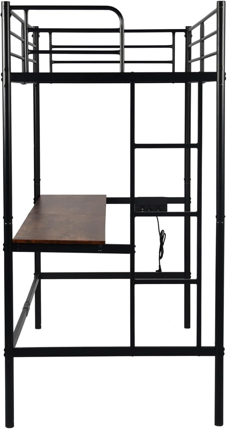 Furniture R Lit Superposé 90x200 cm avec Table et 2 Prises de Courant+2USB, Lit en Mezzanine avec Echelle Latérale à Quatre Marches, Adapté aux Enfants et aux Adolescents, Fer + MDF, Brun Foncé