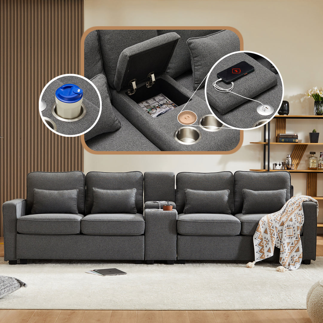 FurnitureR Canapé Sectionnel en Lin Sombre, Design Moderne et Confortable, avec Espace de Rangement et Support de Gobelet, pour Salon et Petits Appartements, Options de Divertissement