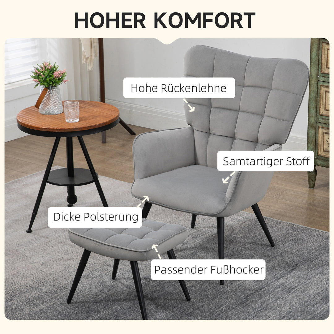 FurnitureR Chaise Longue Gris Clair avec Pouf, Design Moderne, Matériau Acier, Meubles de Salon Confortables, Style Scandinave, Inclut Repose-Pieds