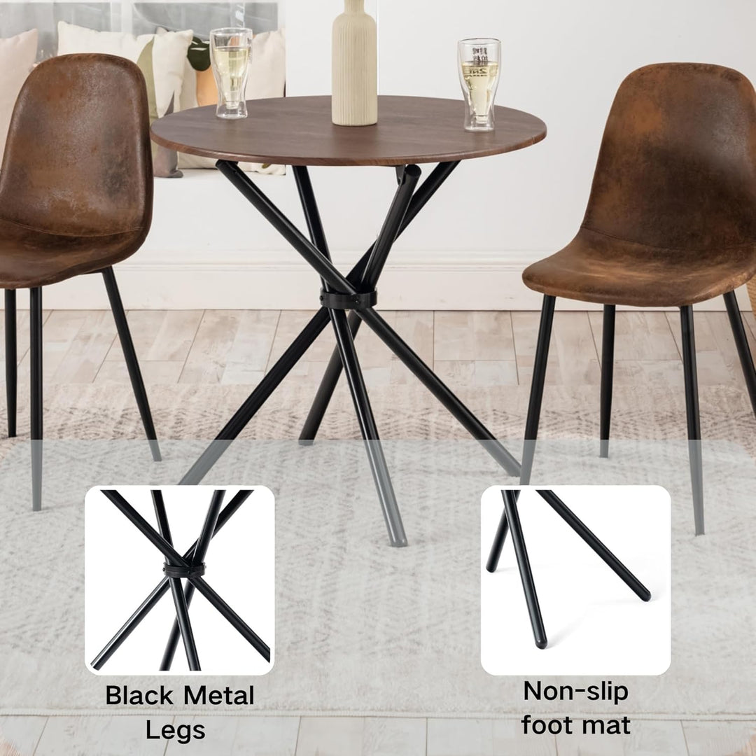 Furniture R Table de Salle à Manger Ronde en Noyer - 80cm, Table à thé de Balcon, Plateau en Bois Rétro avec Quatre Pieds en Métal Noir, Design Compact, Polyvalent, pour 2-4 Personnes Cuisine, Café