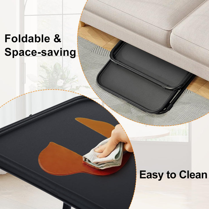 FurnitureR Adjustable Folding TV Tray Table with 4 Height & 3 Tilt Angle, Foldable Laptop Table Dinner Trays Snack Table with Cup Holder for Bed & Sofa, No Assembly Required, Black