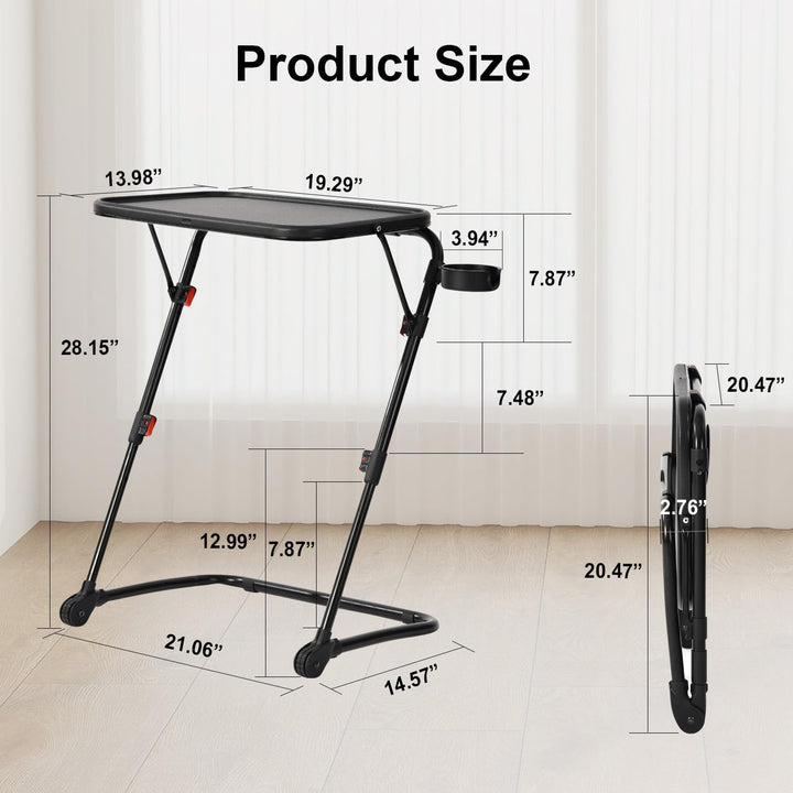 FurnitureR Adjustable Folding TV Tray Table with 4 Height & 3 Tilt Angle, Foldable Laptop Table Dinner Trays Snack Table with Cup Holder for Bed & Sofa, No Assembly Required, Black