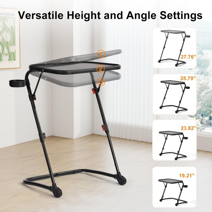 FurnitureR Adjustable Folding TV Tray Table with 4 Height & 3 Tilt Angle, Foldable Laptop Table Dinner Trays Snack Table with Cup Holder for Bed & Sofa, No Assembly Required, Black