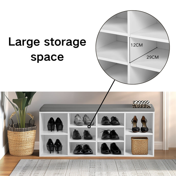 Furniture R Bench Cupboard Seat, Wooden Cabinet, Storage Shoe Rack with Padded Cushion, 10 Compartments, for Living Room, Hallway, Bedroom, Entrance, 103x29x45cm, White, Wood