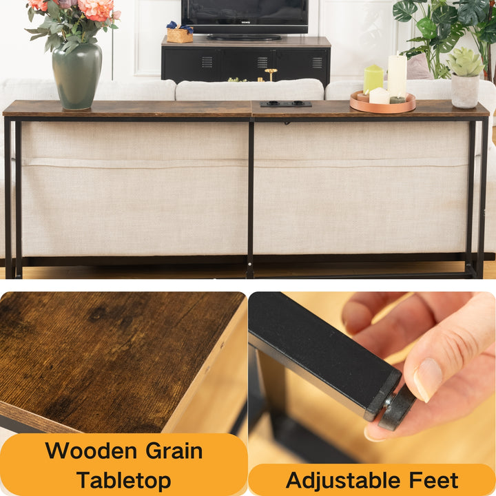 Furniture R L180cm Console Charging Station, Slim, Industrial Entrance with 2 USB Ports, Narrow Sofa Side Table for Entryway, Hallway, Living Room, Office Rustic Brown, Metal