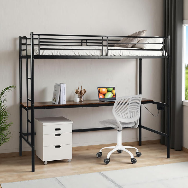 Furniture R Lit Superposé 90x200 cm avec Table et 2 Prises de Courant+2USB, Lit en Mezzanine avec Echelle Latérale à Quatre Marches, Adapté aux Enfants et aux Adolescents, Fer + MDF, Brun Foncé