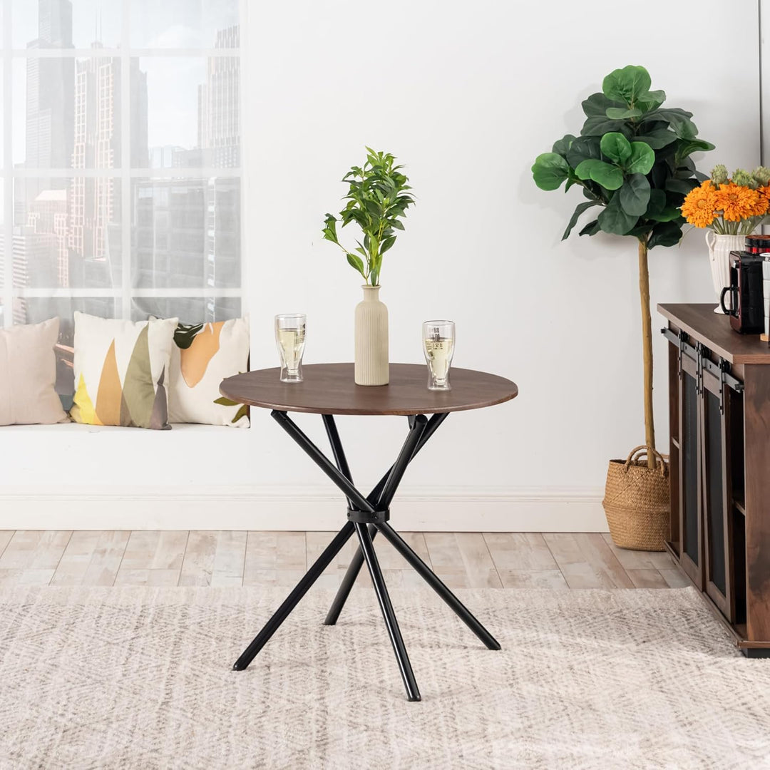 Furniture R Table de Salle à Manger Ronde en Noyer - 80cm, Table à thé de Balcon, Plateau en Bois Rétro avec Quatre Pieds en Métal Noir, Design Compact, Polyvalent, pour 2-4 Personnes Cuisine, Café