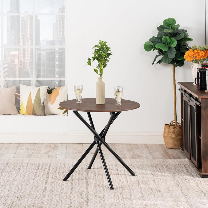 Furniture R Table de Salle à Manger Ronde en Noyer - 80cm, Table à thé de Balcon, Plateau en Bois Rétro avec Quatre Pieds en Métal Noir, Design Compact, Polyvalent, pour 2-4 Personnes Cuisine, Café