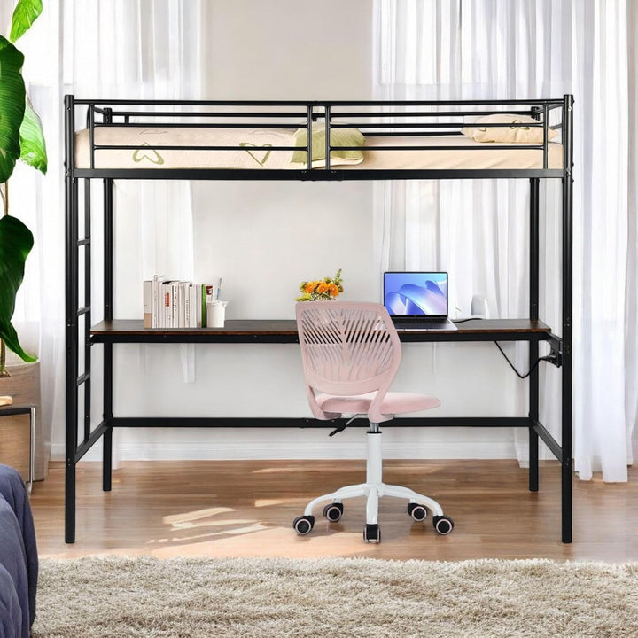 Furniture R Lit Superposé 90x200 cm avec Table et 2 Prises de Courant+2USB, Lit en Mezzanine avec Echelle Latérale à Quatre Marches, Adapté aux Enfants et aux Adolescents, Fer + MDF, Brun Foncé