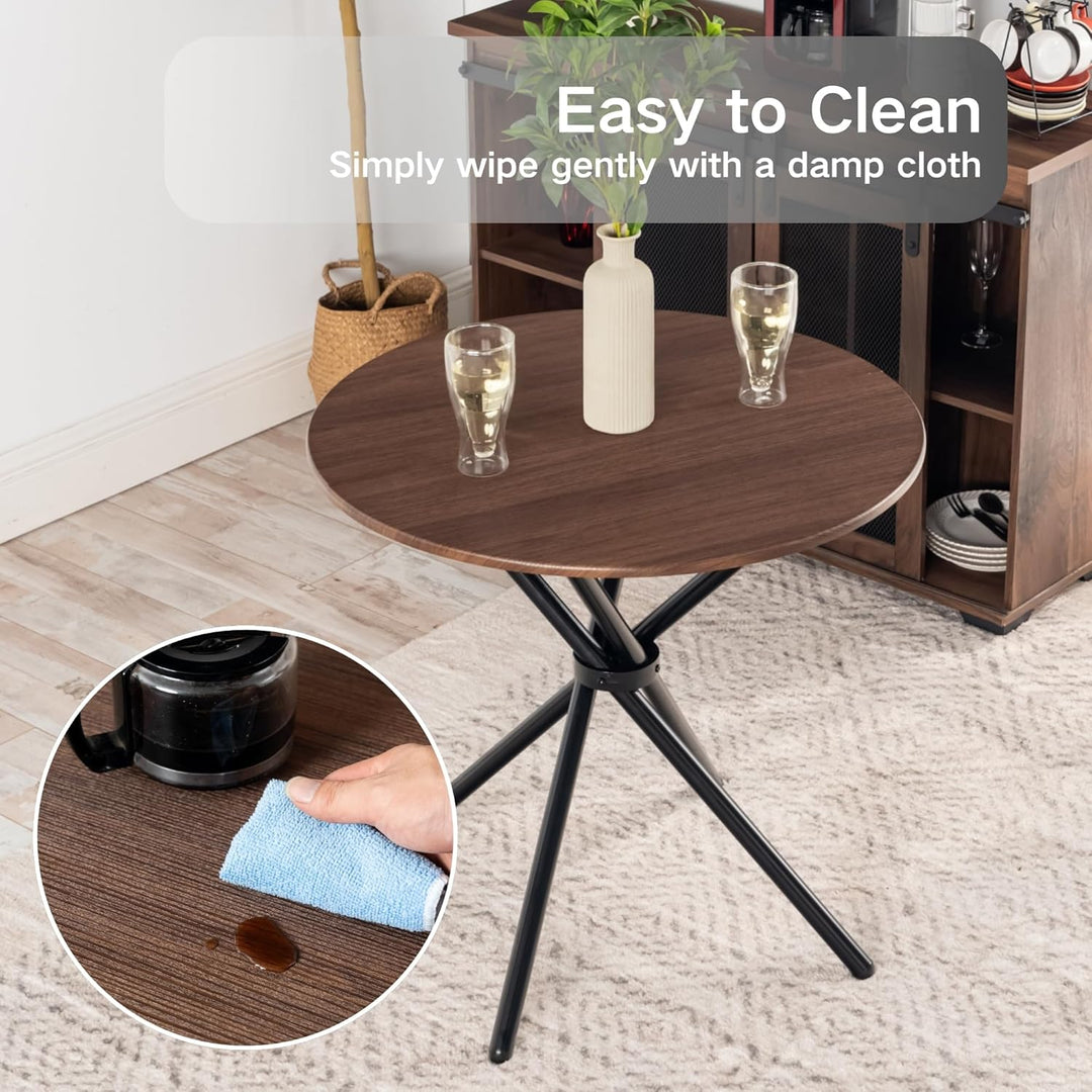 Furniture R Table de Salle à Manger Ronde en Noyer - 80cm, Table à thé de Balcon, Plateau en Bois Rétro avec Quatre Pieds en Métal Noir, Design Compact, Polyvalent, pour 2-4 Personnes Cuisine, Café