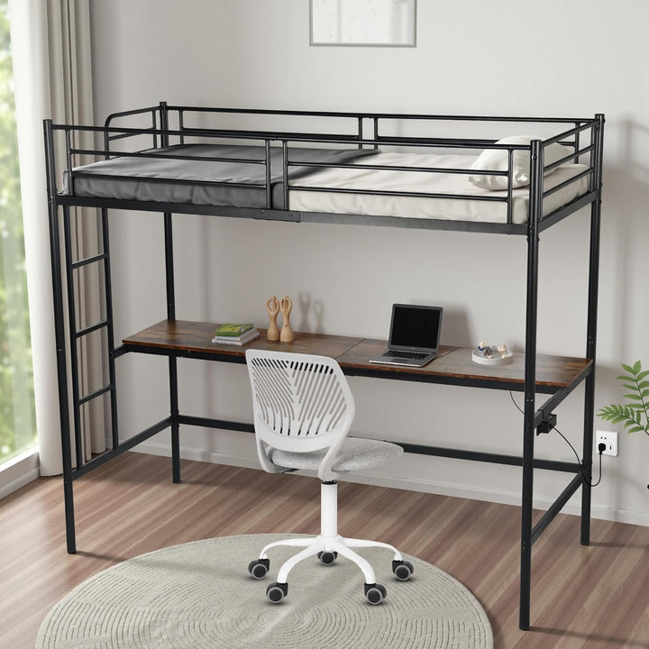 Furniture R Lit Superposé 90x200 cm avec Table et 2 Prises de Courant+2USB, Lit en Mezzanine avec Echelle Latérale à Quatre Marches, Adapté aux Enfants et aux Adolescents, Fer + MDF, Brun Foncé