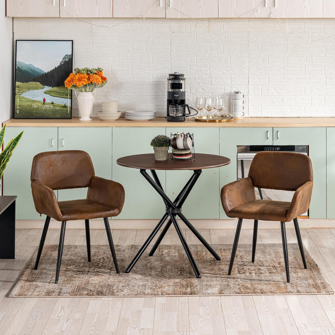 Furniture R Table de Salle à Manger Ronde en Noyer - 80cm, Table à thé de Balcon, Plateau en Bois Rétro avec Quatre Pieds en Métal Noir, Design Compact, Polyvalent, pour 2-4 Personnes Cuisine, Café