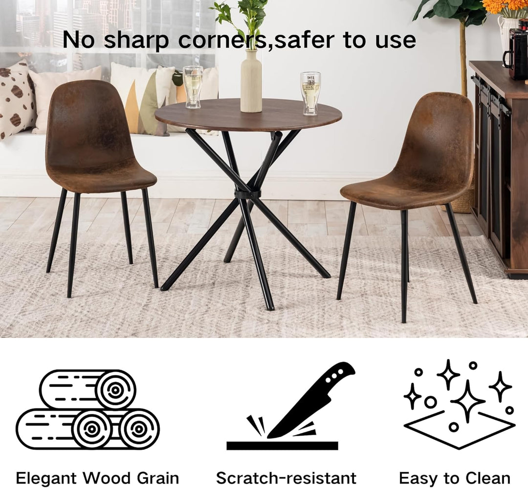 Furniture R Table de Salle à Manger Ronde en Noyer - 80cm, Table à thé de Balcon, Plateau en Bois Rétro avec Quatre Pieds en Métal Noir, Design Compact, Polyvalent, pour 2-4 Personnes Cuisine, Café