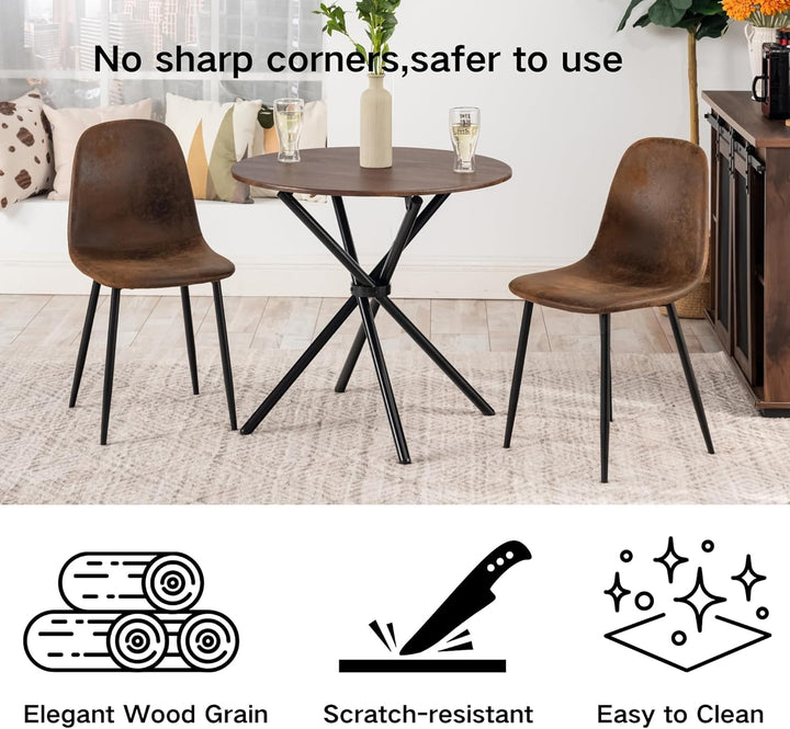 Furniture R Table de Salle à Manger Ronde en Noyer - 80cm, Table à thé de Balcon, Plateau en Bois Rétro avec Quatre Pieds en Métal Noir, Design Compact, Polyvalent, pour 2-4 Personnes Cuisine, Café