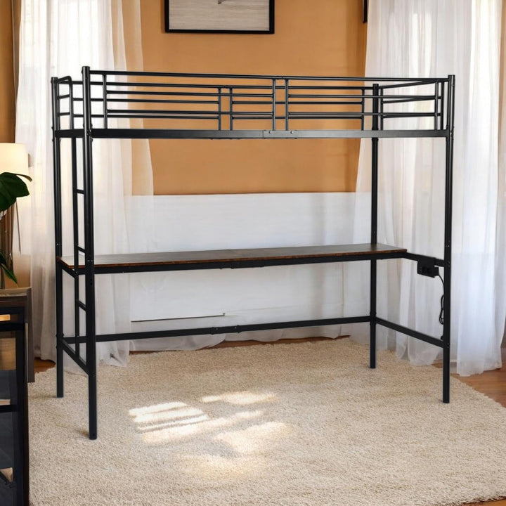 Furniture R Lit Superposé 90x200 cm avec Table et 2 Prises de Courant+2USB, Lit en Mezzanine avec Echelle Latérale à Quatre Marches, Adapté aux Enfants et aux Adolescents, Fer + MDF, Brun Foncé