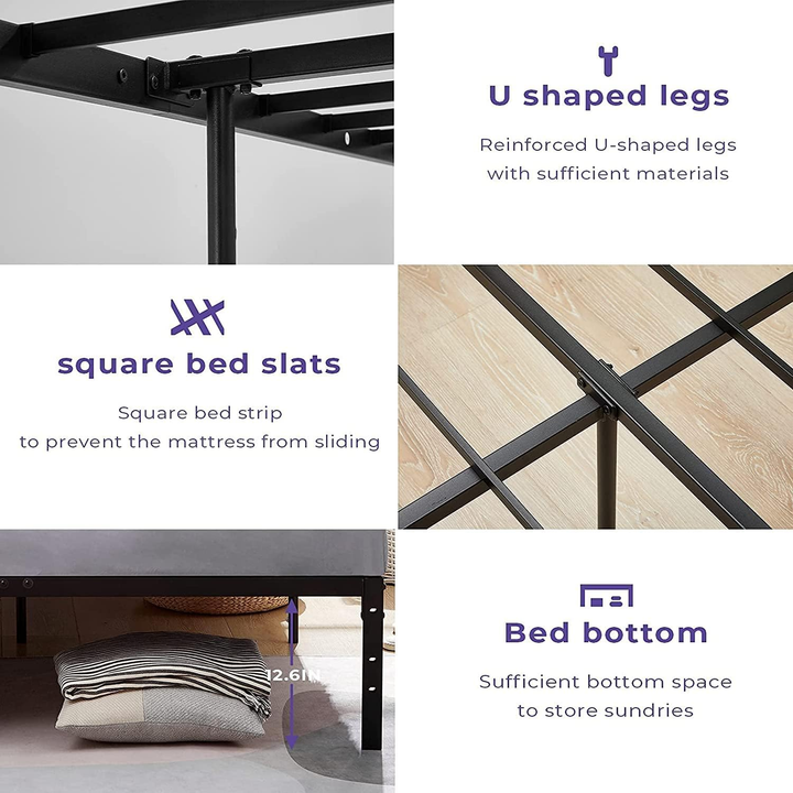 FurnitureR Metallbettgestell (140 x 200 cm) mit LED-Beleuchtung, robustes Plattformbett, Stauraum unter dem Bett, kein Lattenrost erforderlich, rutschfeste Unterlage, Schwarz