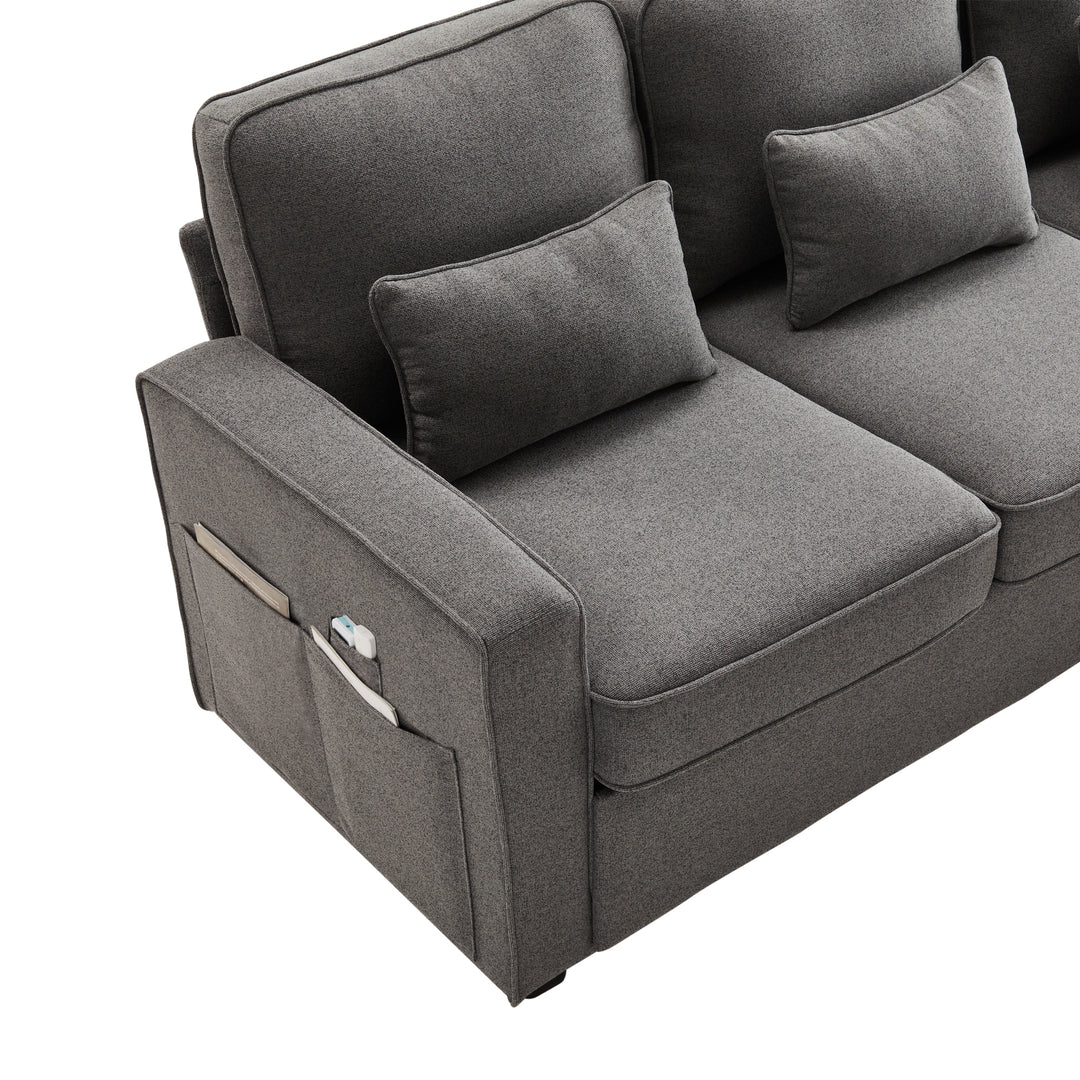 FurnitureR Canapé Sectionnel en Lin Sombre, Design Moderne et Confortable, avec Espace de Rangement et Support de Gobelet, pour Salon et Petits Appartements, Options de Divertissement