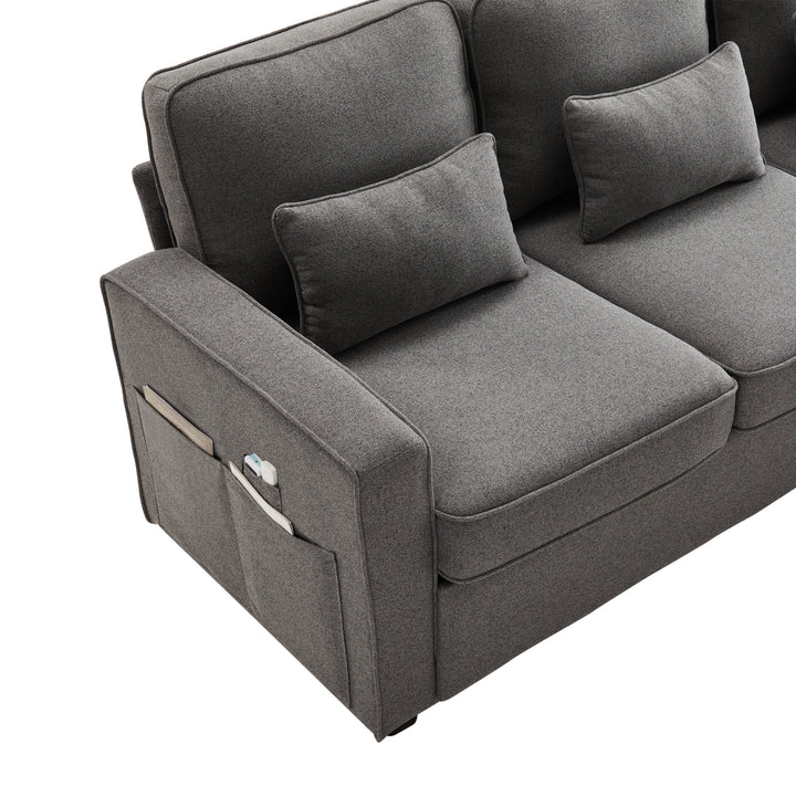 FurnitureR Canapé Sectionnel en Lin Sombre, Design Moderne et Confortable, avec Espace de Rangement et Support de Gobelet, pour Salon et Petits Appartements, Options de Divertissement