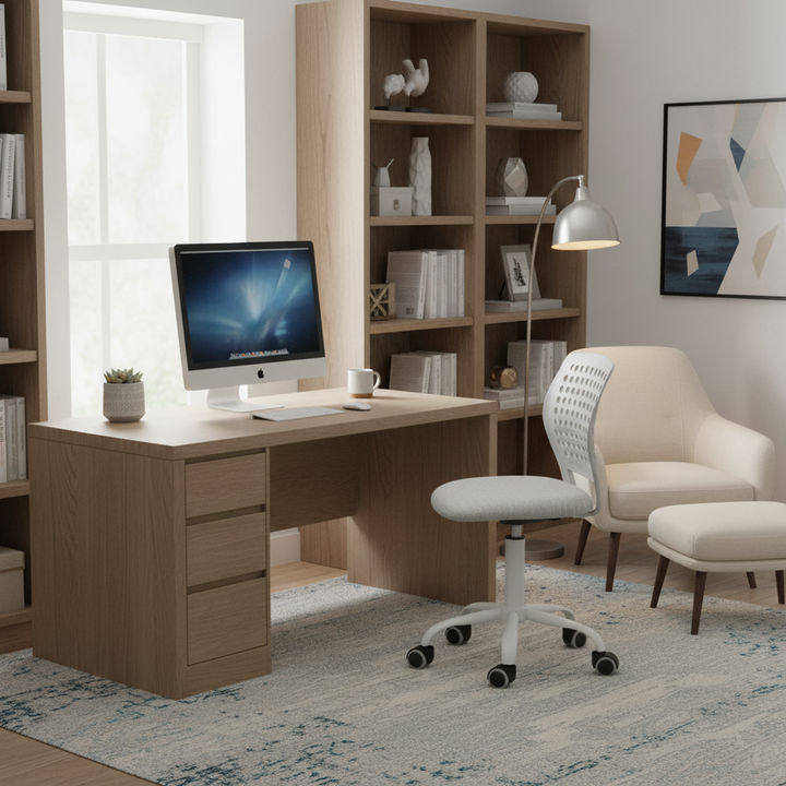 Chaise de bureau sans accoudoirs FurnitureR avec roulettes, compacte, pivotante et réglable en hauteur, idéale pour étudier ou travailler sur ordinateur. Dossier respirant, gris.