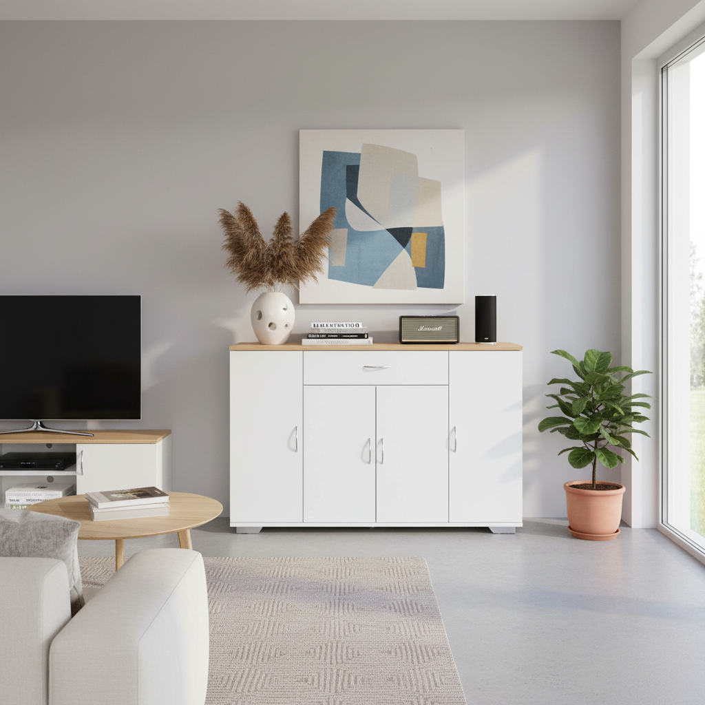 Buffet de style ferme moderne FurnitureR, meuble de rangement, table basse en bois avec tiroir et étagères, 110 cm (43,3 po), style grange