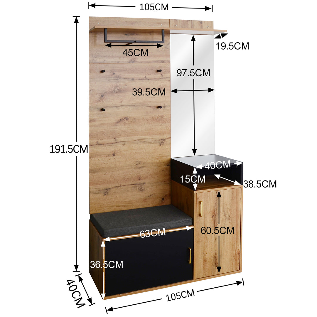 Hallway Coat Rack Set with Mirror, Shoe Cabinet, Wall Hooks, Storage Shelf, and Bench – Black & Wood Finish