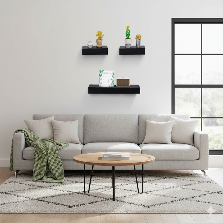 FurnitureR 3 Pack Floating Shelves, Black MDF Wood Wall Shelves for Home Decor & Storage, Ideal for Bedroom, Living Room, Bathroom, Kitchen, Office