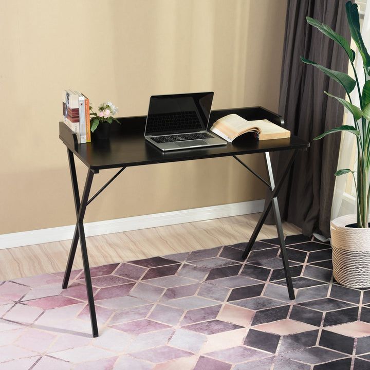 Furniture R Stylish Compact Black Wood Computer Desk With Metal Frame