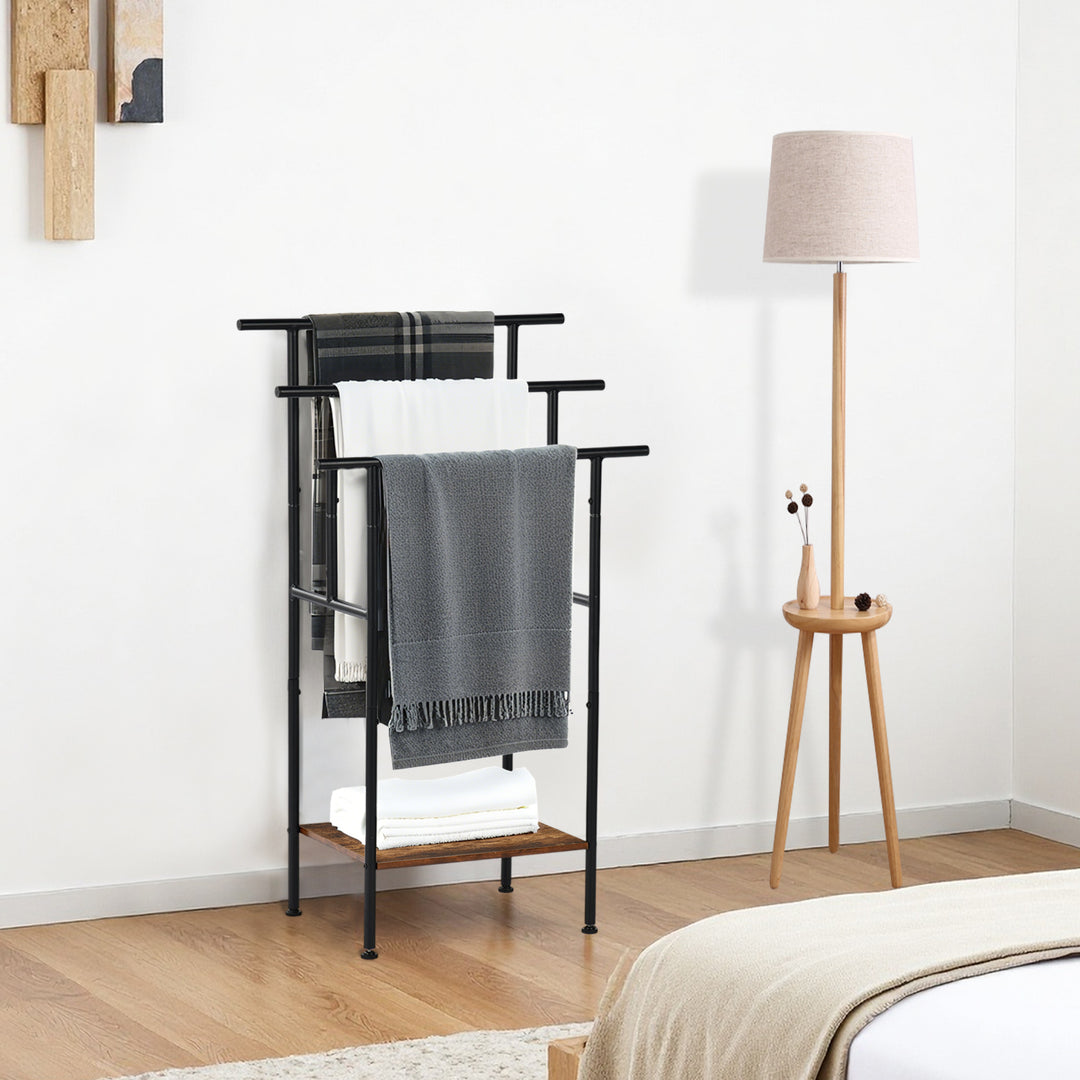 FurnitureR 1 pièce Porte-serviettes Noir, Support Moderne Triple Barre, Structure Métallique Solide, Plateau en Bois, Gain de Place Salle de Bain, Rangement Multifonctionnel, 100x60x34cm, Style Industriel