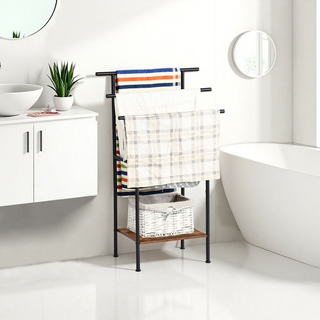 FurnitureR 1 pièce Porte-serviettes Noir, Support Moderne Triple Barre, Structure Métallique Solide, Plateau en Bois, Gain de Place Salle de Bain, Rangement Multifonctionnel, 100x60x34cm, Style Industriel