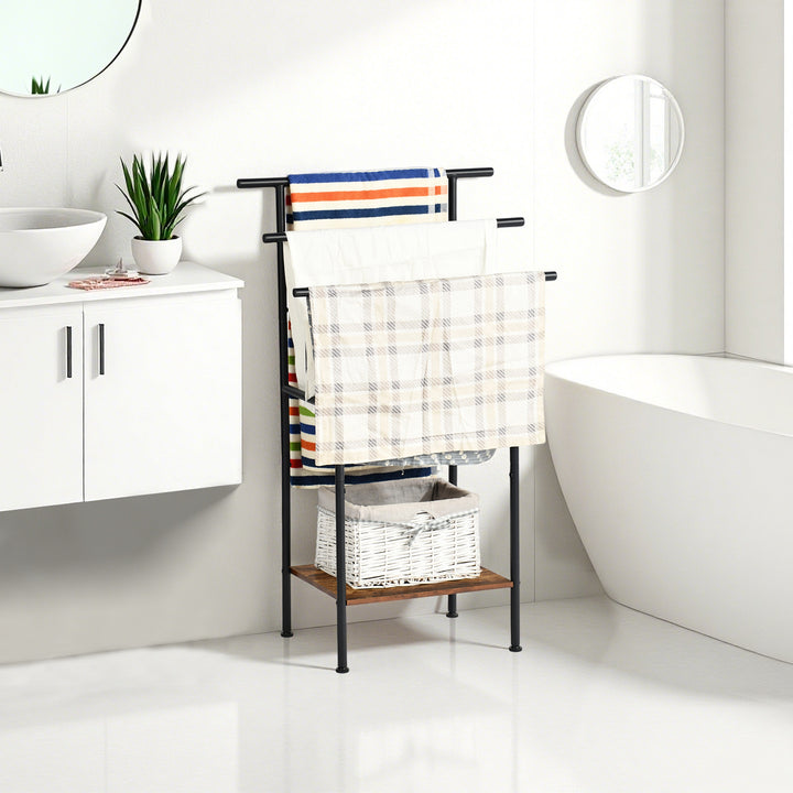 FurnitureR 1 pièce Porte-serviettes Noir, Support Moderne Triple Barre, Structure Métallique Solide, Plateau en Bois, Gain de Place Salle de Bain, Rangement Multifonctionnel, 100x60x34cm, Style Industriel
