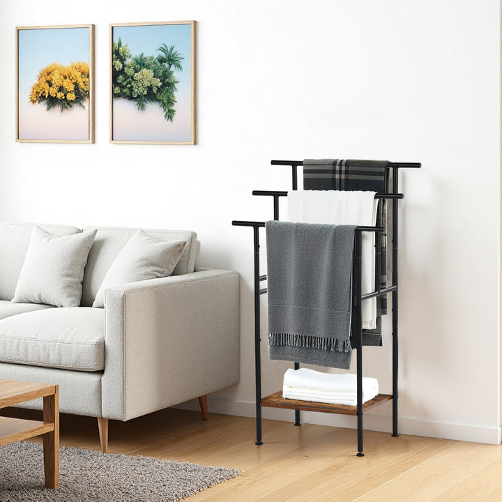 FurnitureR 1 pièce Porte-serviettes Noir, Support Moderne Triple Barre, Structure Métallique Solide, Plateau en Bois, Gain de Place Salle de Bain, Rangement Multifonctionnel, 100x60x34cm, Style Industriel