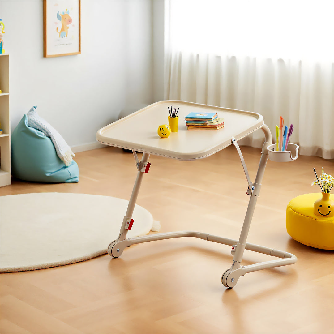 FurnitureR Adjustable Height Folding Desk with PP Tabletop, Portable Space-Saving Work Table with Wheels and Side Storage Trays for Home Office