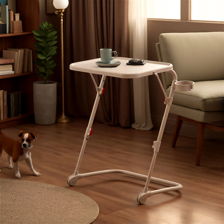 FurnitureR Adjustable Height Folding Desk with PP Tabletop, Portable Space-Saving Work Table with Wheels and Side Storage Trays for Home Office