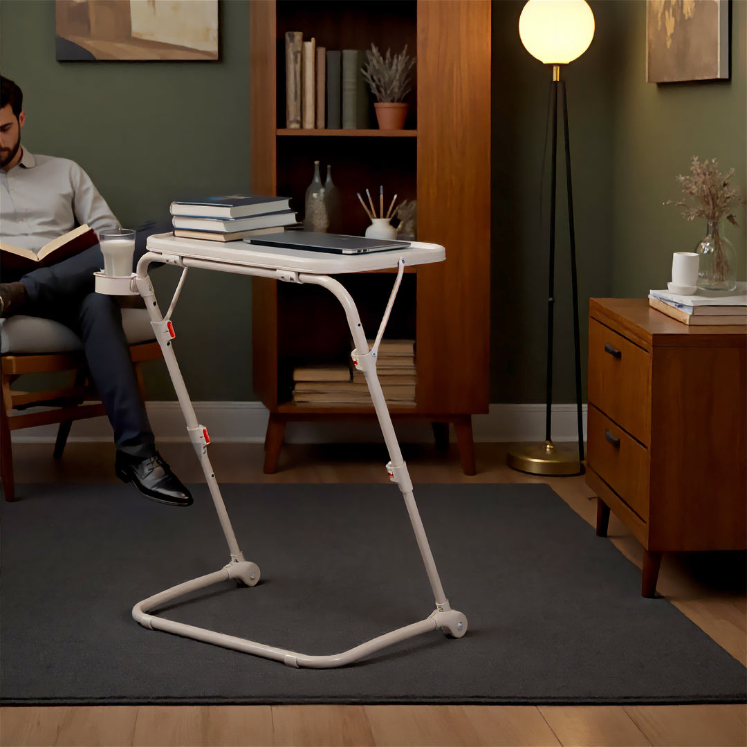 FurnitureR Adjustable Height Folding Desk with PP Tabletop, Portable Space-Saving Work Table with Wheels and Side Storage Trays for Home Office