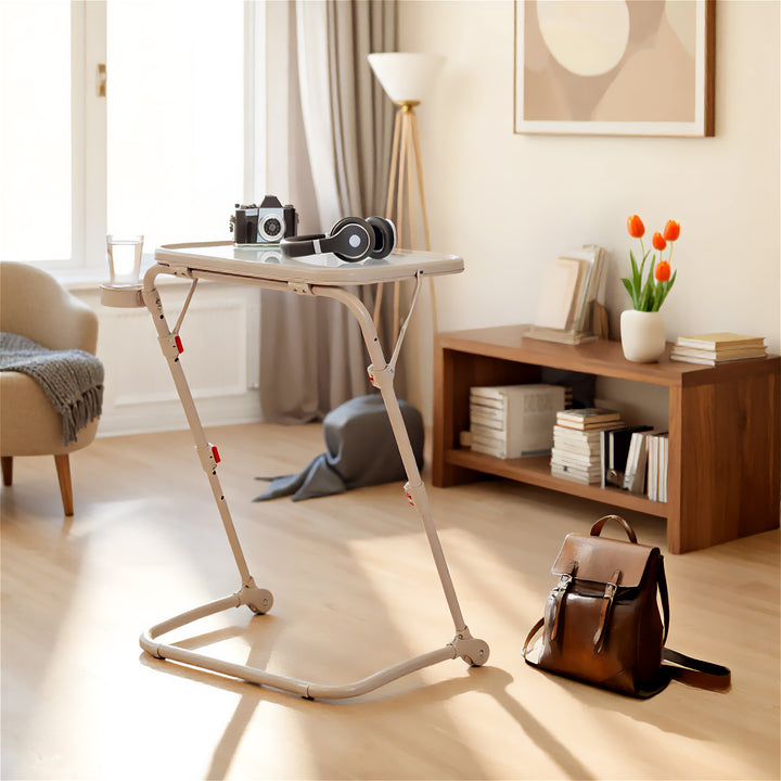 FurnitureR Adjustable Height Folding Desk with PP Tabletop, Portable Space-Saving Work Table with Wheels and Side Storage Trays for Home Office