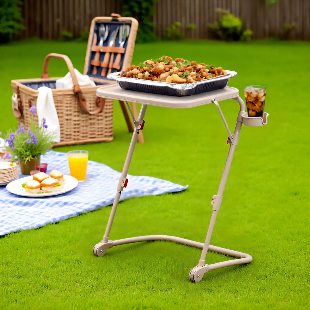 FurnitureR Adjustable Height Folding Desk with PP Tabletop, Portable Space-Saving Work Table with Wheels and Side Storage Trays for Home Office