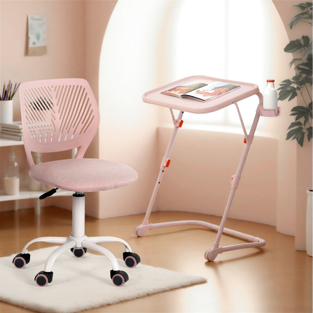 FurnitureR Adjustable Height Folding Desk with PP Tabletop, Portable Space-Saving Work Table with Wheels and Side Storage Trays for Home Office